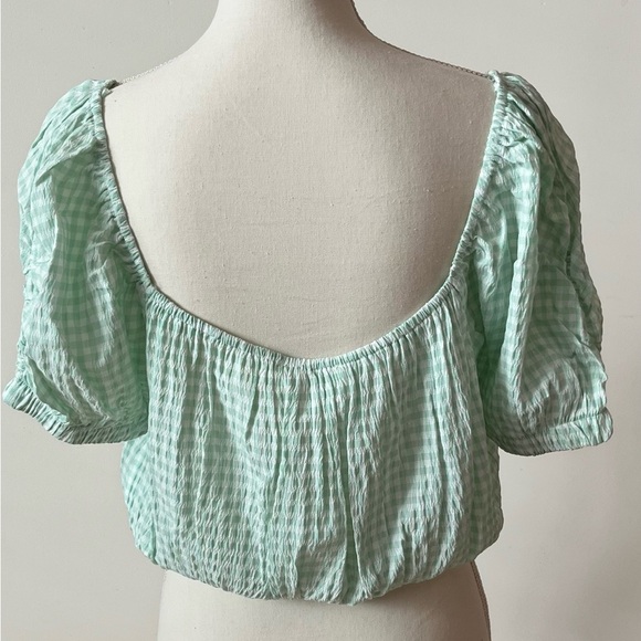 Elodie / Anthropologie Women's Checkered Ruffle Sleeves Crop Top Green Size XL - Picture 3 of 6